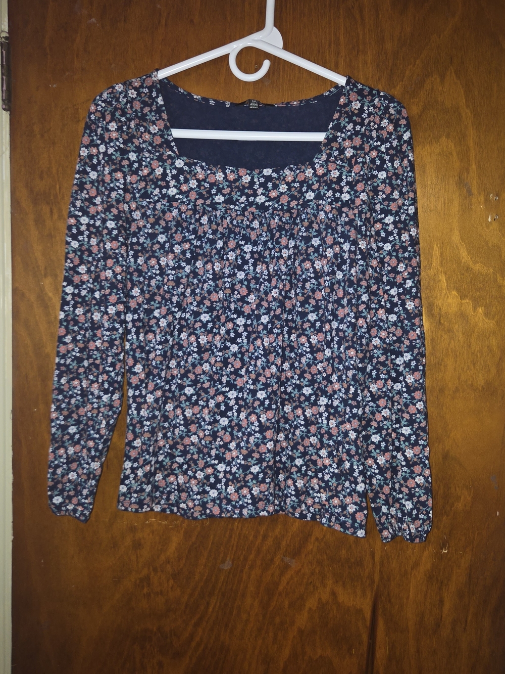 Lucky Brand Navy Ditsy Floral Square Neck Long Sleeve Peasant Blouse Small